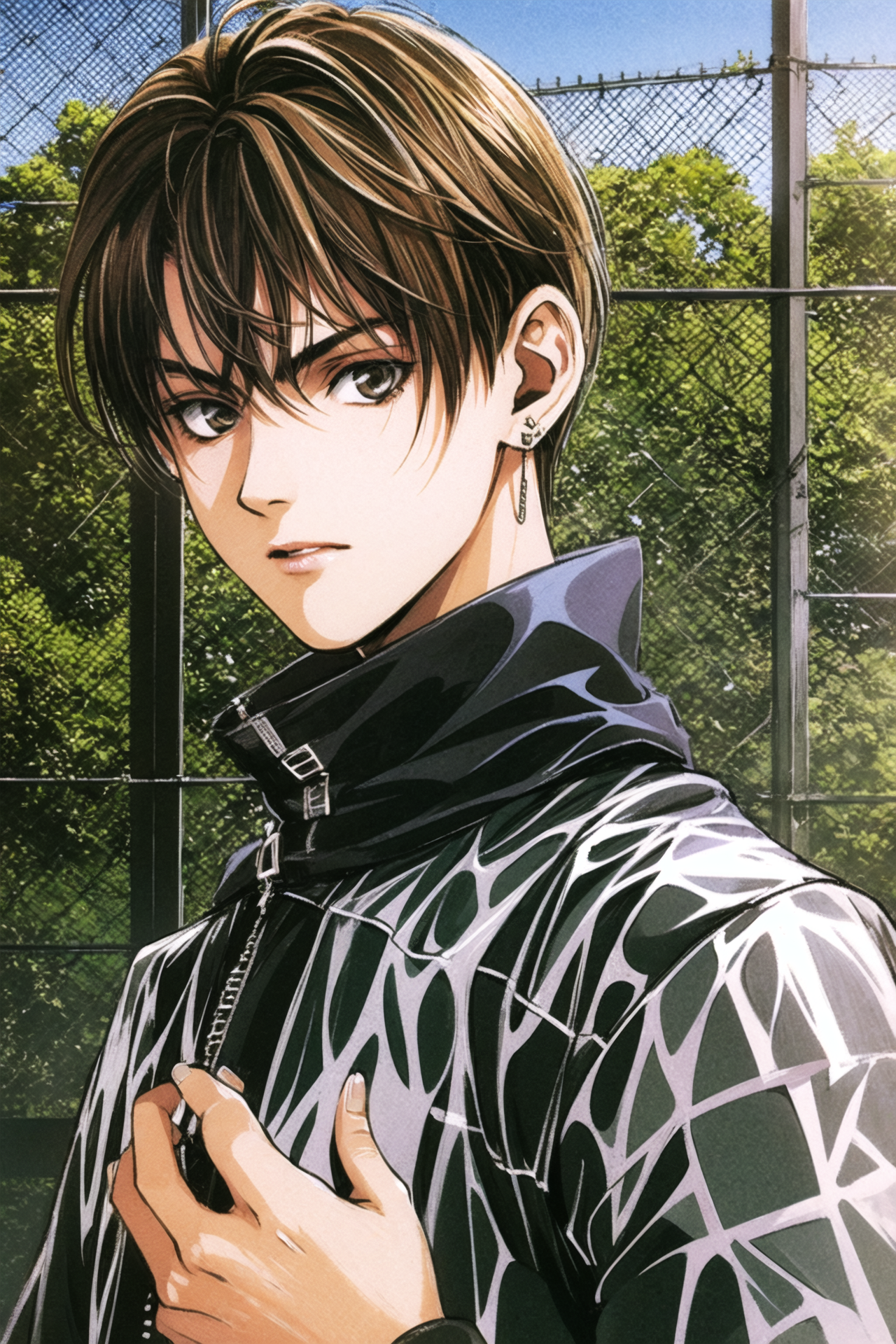 16298-3825329310-1boy, solo, male focus, chain-link fence, fence, jacket, jewelry, brown hair, earrings, upper body, traditional media, shirt, lo.png